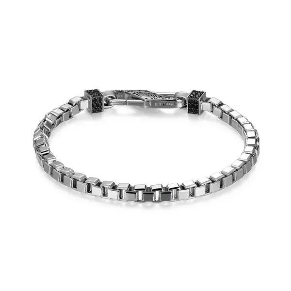Men’s Sterling Silver Fancy Link Bracelet – White Rhodium Finish, Black Sapphires (8.5