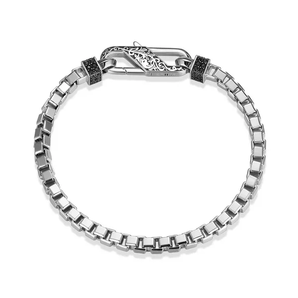 Men’s Sterling Silver Fancy Link Bracelet – White Rhodium Finish, Black Sapphires (8.5