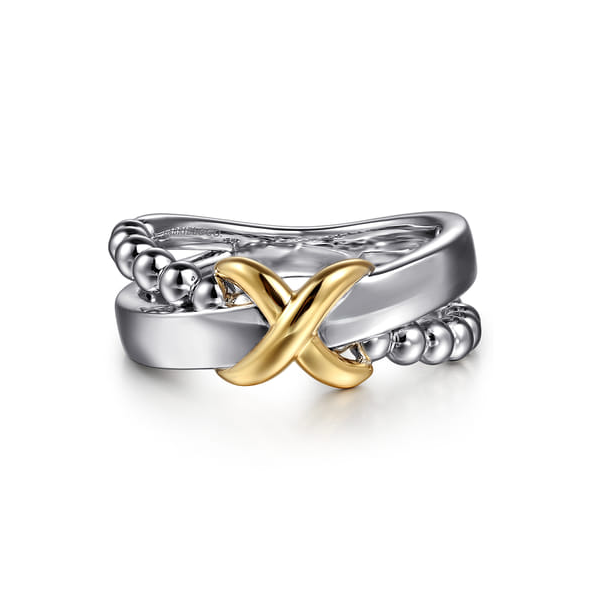 Wide Two-Tone Criss Cross Ring in 14K Yellow Gold & Sterling Silver Venus Jewelers Somerset, NJ