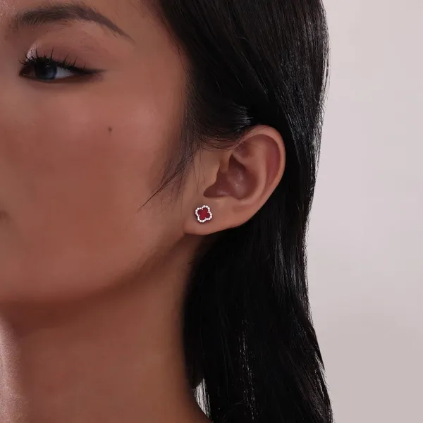 Red Agate Quatrefoil and Simulated Diamond Stud Earrings Image 2 Venus Jewelers Somerset, NJ
