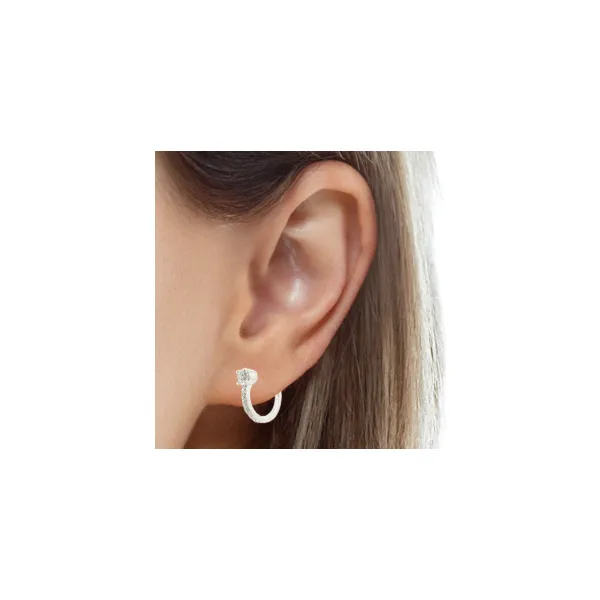 Lady's White Sterling Silver Small Hoop Earrings – Platinum Bonded with CZ Accents Image 2 Venus Jewelers Somerset, NJ