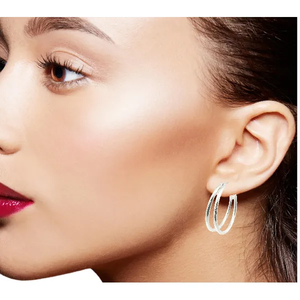 Lady's Sterling Silver Medium Double Hoop Earrings with Rhodium Finish Image 2 Venus Jewelers Somerset, NJ