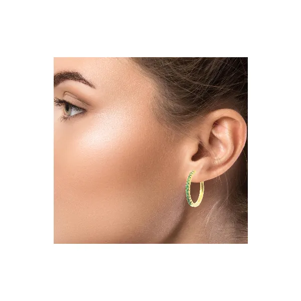 Lady's 18K Gold Plated Sterling Silver Huggie Earrings with Green Zirconia Image 2 Venus Jewelers Somerset, NJ