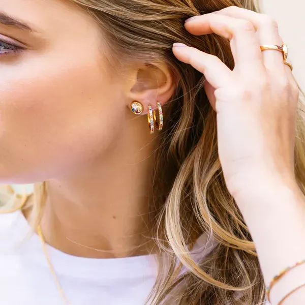 Lady's 18K Yellow Gold Over Sterling Silver Medium Hoop Earrings with CZ Image 2 Venus Jewelers Somerset, NJ