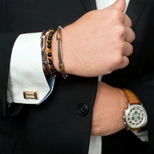 ALOR Bronze Cable & Brown Leather Twist Bracelet Image 2 Venus Jewelers Somerset, NJ