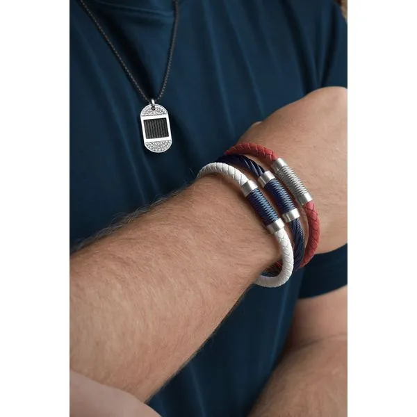 Men's Stainless Steel Cable and White Leather Bracelet - 7.75 Inches Image 2 Venus Jewelers Somerset, NJ