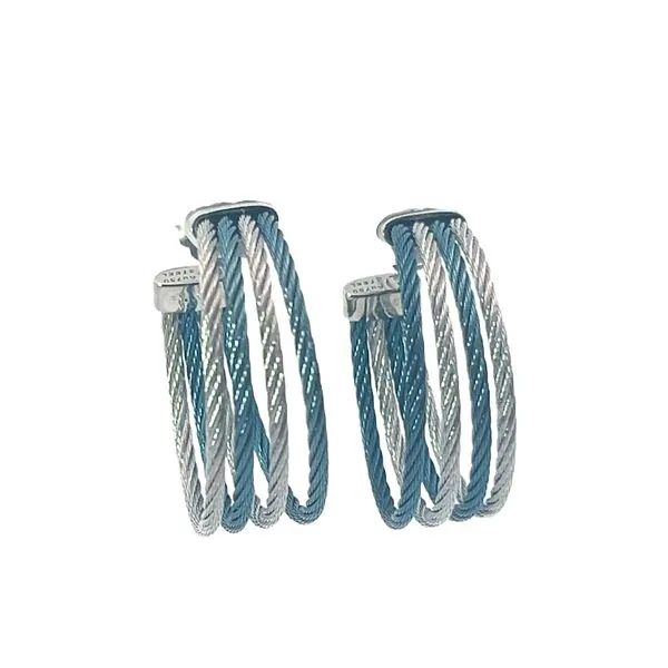 Lady’s Alor Caribbean Blue & Grey Stainless Steel Medium Hoop Earrings with 18K Accents Venus Jewelers Somerset, NJ