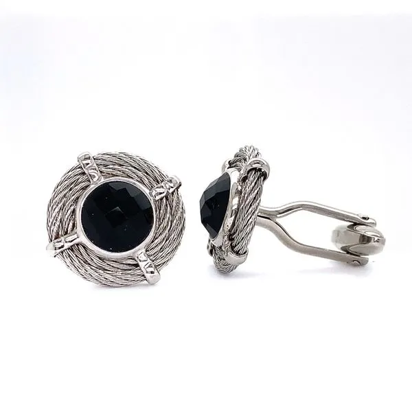 Gray Cable Round Cufflinks with Black Onyx Venus Jewelers Somerset, NJ