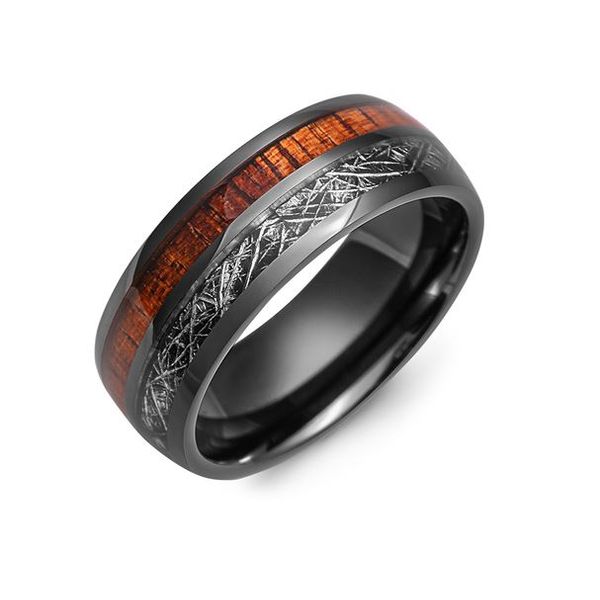 Ceramic, Dark Meteorite Design & Koa Wood Ring Victoria Jewellers REGINA, SK