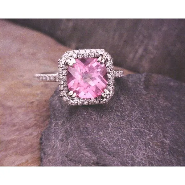 White Gold Pink Quartz Halo Ring Vulcan's Forge LLC Kansas City, MO