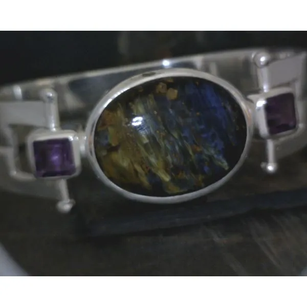 SS Pietersite Bangle Bracelet w/ Amethyst Accents 8.25