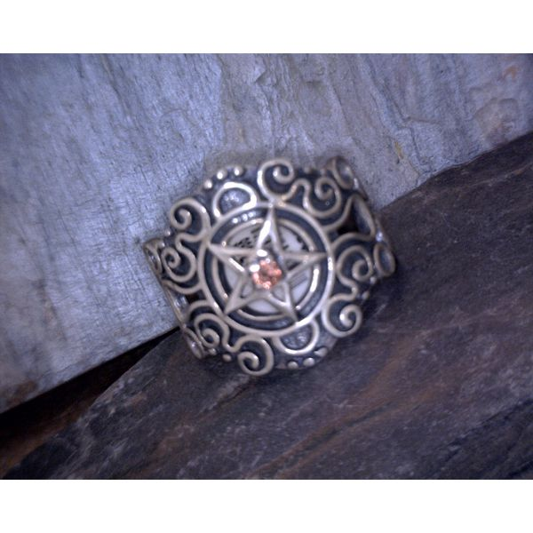 Ornate Pentacle Ring With Garnet Vulcan's Forge LLC Kansas City, MO