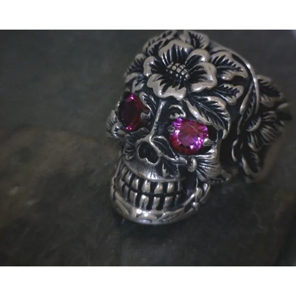 SS Large Skull W/ Floral Detailing & Red Crystal Eyes Ring Vulcan's Forge LLC KANSAS CITY, MO