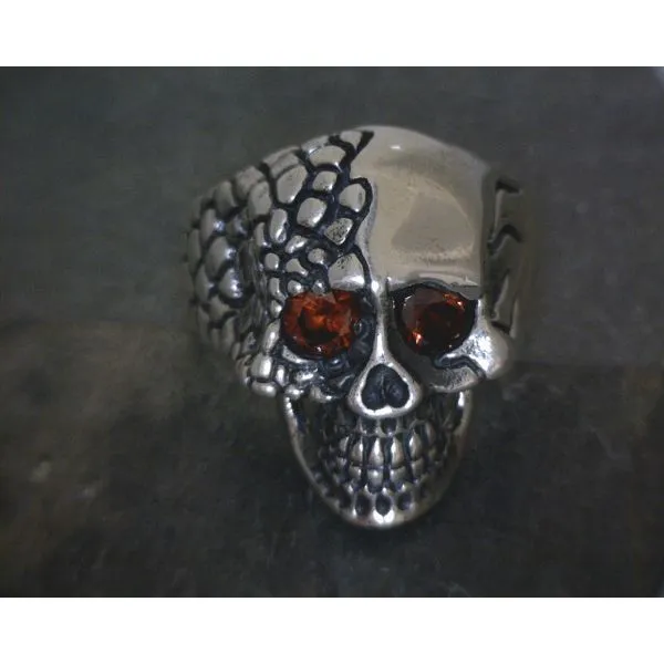 SS Half Scaled Skull W/ Red Crystal Eyes Ring Vulcan's Forge LLC KANSAS CITY, MO