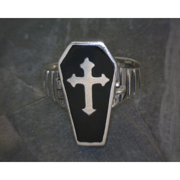 SS Casket With Enamel Cross Poison Ring Size Vulcan's Forge LLC Kansas City, MO