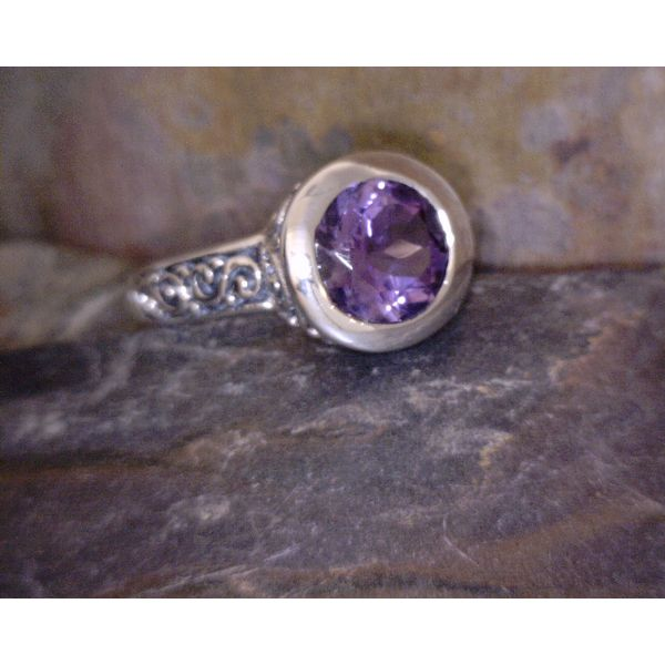 Sterling Scroll Accent Ring With Bezel Set Amethyst Vulcan's Forge LLC Kansas City, MO