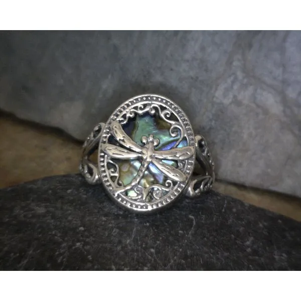 Sterling Abalone with Dragonfly Overlay Ring Vulcan's Forge LLC Kansas City, MO