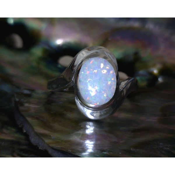 SS Oval White Opal Cab, Swirl Bezel Ring Vulcan's Forge LLC Kansas City, MO