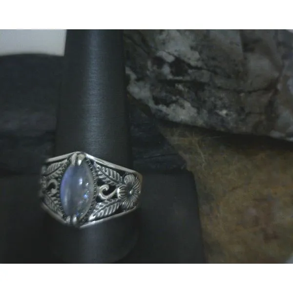 Sterling Floral Side Detail with Marquise Moonstone Ring Size 12 Vulcan's Forge LLC Kansas City, MO