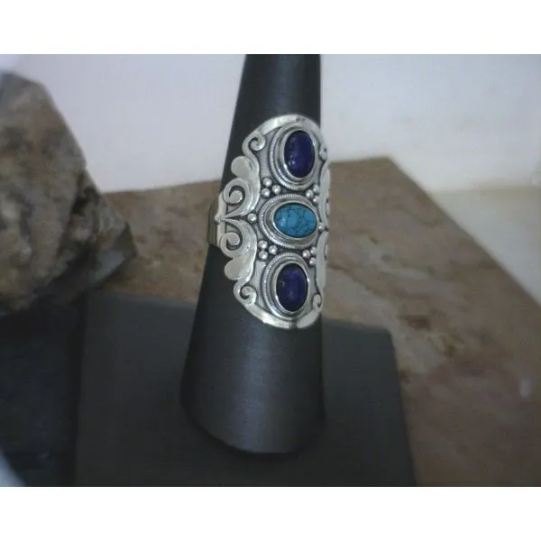 Sterling Tri Stone Long Ring with Turquoise and Lapis Size 7 Vulcan's Forge LLC Kansas City, MO