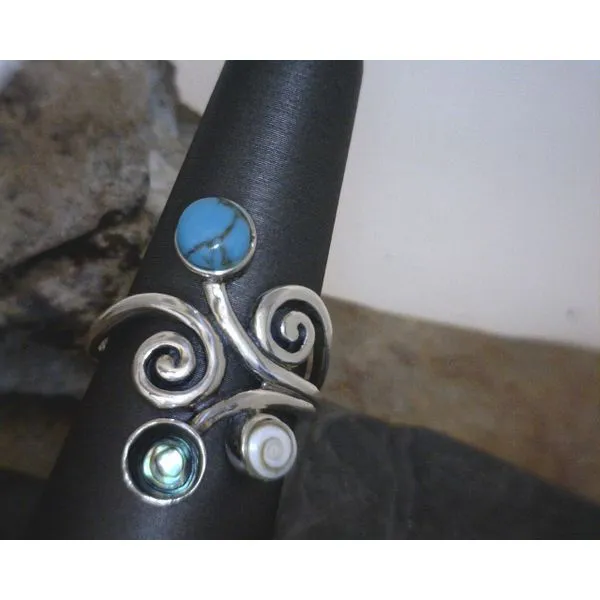 Sterling Three Stone Swirl with Turquoise Shiva Shell Abalone Ring Size 8 Vulcan's Forge LLC Kansas City, MO