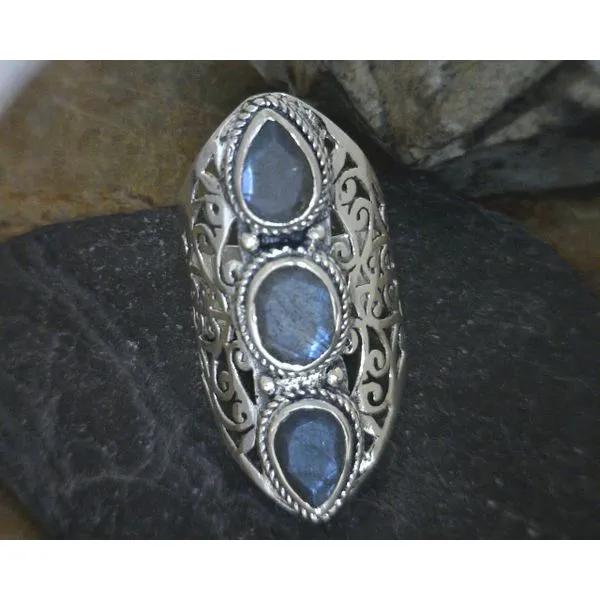 Sterling filigree 3 stone faceted pear & round Labradorite ring 8 Vulcan's Forge LLC Kansas City, MO
