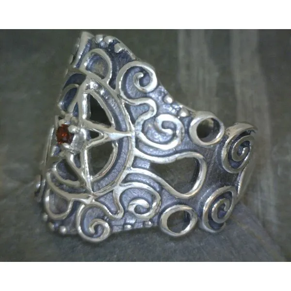 SS Pentagram with Scroll Work and Garnet Sz7 Image 2 Vulcan's Forge LLC KANSAS CITY, MO