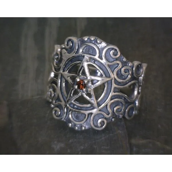 SS Pentagram W Scroll Work & Garnet Band Vulcan's Forge LLC KANSAS CITY, MO