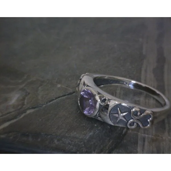 SS BZ Amethyst W/ Moon &Star Raised Detail Band Sz6 Vulcan's Forge LLC KANSAS CITY, MO