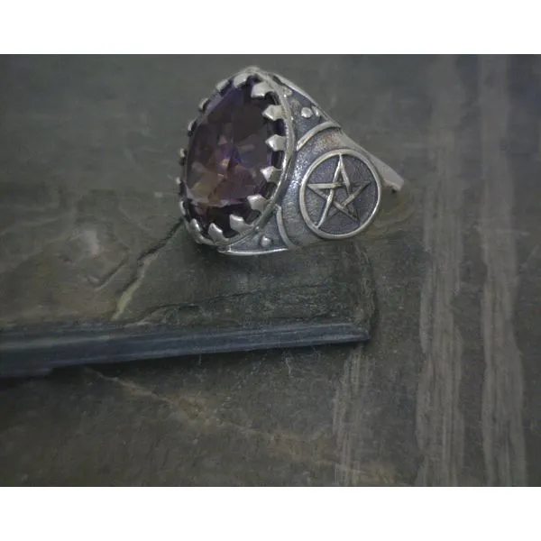SS  Oval Faceted Amethyst W Pentagram Band SZ8 Vulcan's Forge LLC KANSAS CITY, MO