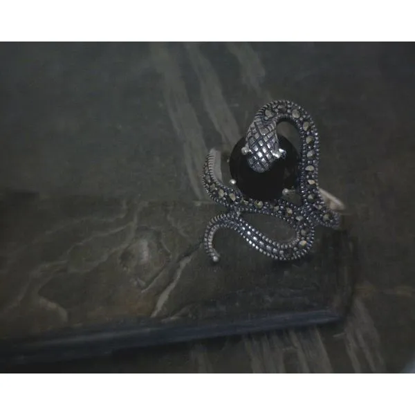 SS Snake Eating Round Faceted Black Spinel W/ Marcasite SZ8 Vulcan's Forge LLC KANSAS CITY, MO