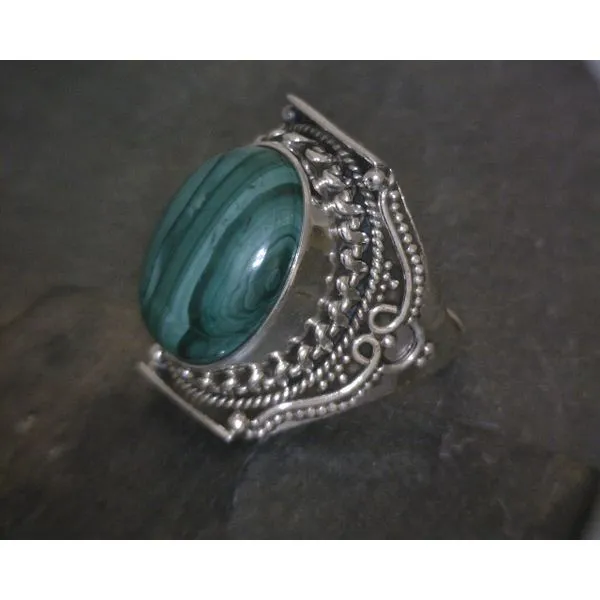 SS Oval Cab Malachite W/ Ornate Detail Setting Ring Image 2 Vulcan's Forge LLC KANSAS CITY, MO