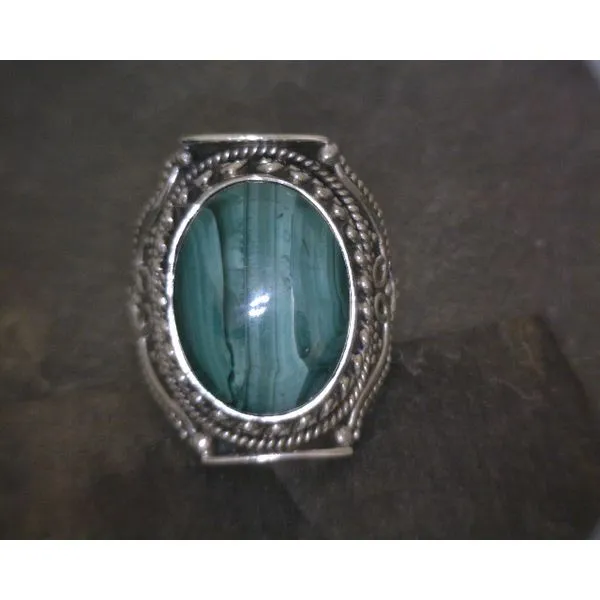 SS Oval Cab Malachite W/ Ornate Detail Setting Ring Vulcan's Forge LLC KANSAS CITY, MO