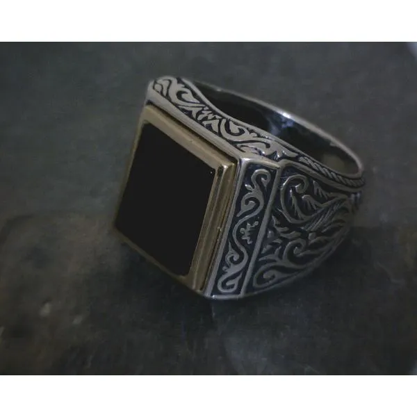 SS Rectangle Black Stone W/ Scrollwork Detail Ring Vulcan's Forge LLC KANSAS CITY, MO