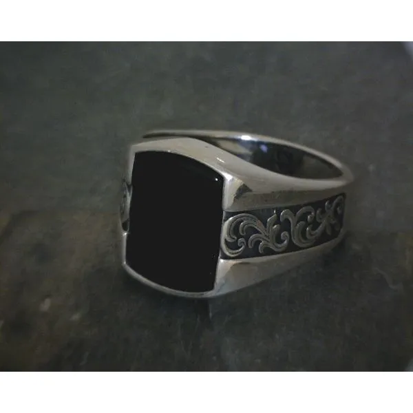 SS Rectangle Black Stone W/ Scrollwork Detail Ring Vulcan's Forge LLC KANSAS CITY, MO