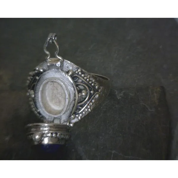 SS BZ Oval Cab Lapis W/ Ornate Details Poison Ring Image 2 Vulcan's Forge LLC KANSAS CITY, MO