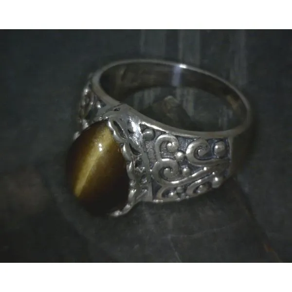 SS Cab Pear Tiger Eye W Scrollwork Ring Vulcan's Forge LLC KANSAS CITY, MO