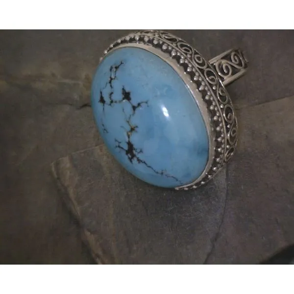 SS Cab  Oval Turquoise  W Scrollwork Bz R Sz6.5 Vulcan's Forge LLC KANSAS CITY, MO