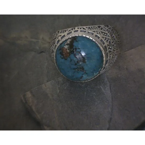SS BZ  Cab Round Turquoise W Geometric Band  R Vulcan's Forge LLC KANSAS CITY, MO