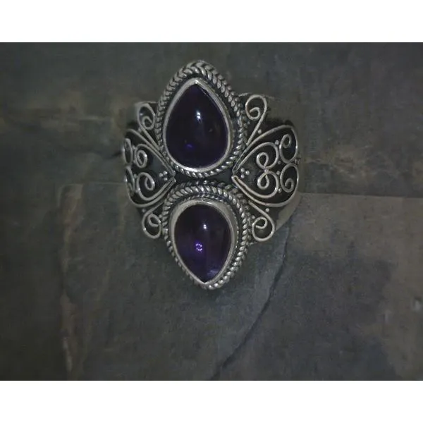 SS BZ 2 Teardrop Amethyst W Scrollwork & Rope Detail R Vulcan's Forge LLC KANSAS CITY, MO