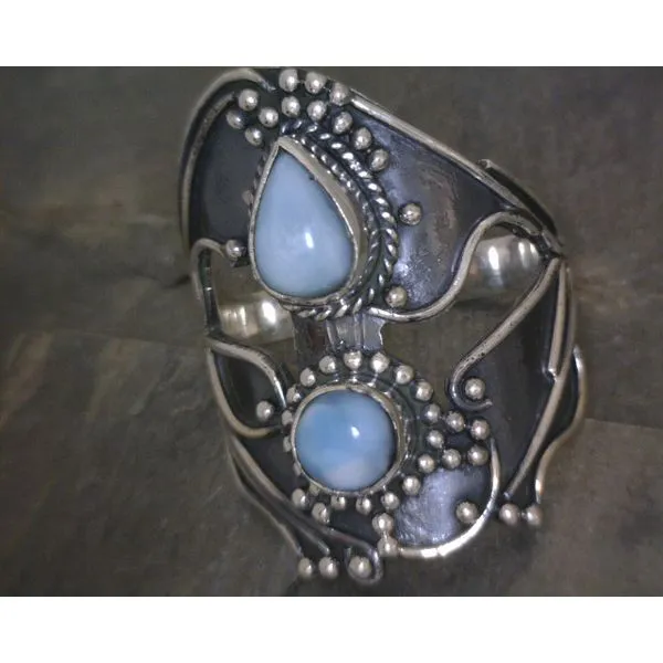 SS BZ Cab 2 Stone Larimar W Freeform Design Ring Vulcan's Forge LLC KANSAS CITY, MO