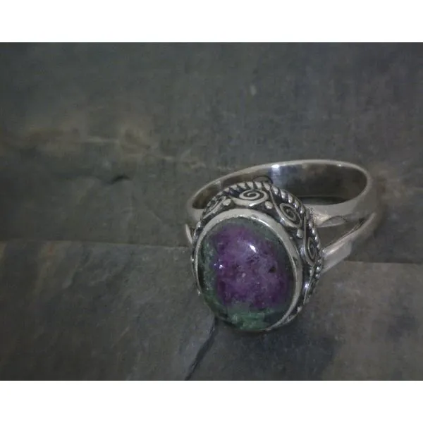 SS BZ Cab Oval Ruby Zoisite W Scrollwork Ring Vulcan's Forge LLC KANSAS CITY, MO