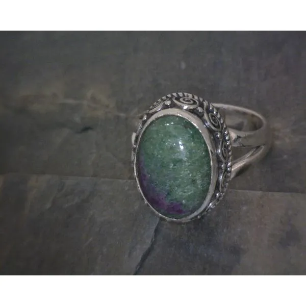 SS BZ Cab Oval Ruby Zoisite W Scrollwork Ring Vulcan's Forge LLC KANSAS CITY, MO