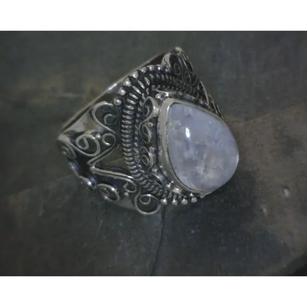 SS Pear Moonstone Scrollwork Bezel Split Band Vulcan's Forge LLC KANSAS CITY, MO