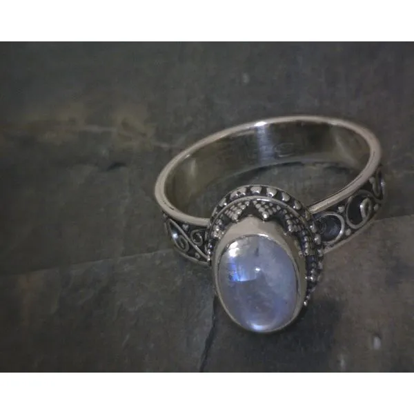 SS BZ Oval Moonstone W Scrollwork Swirl Band Vulcan's Forge LLC KANSAS CITY, MO