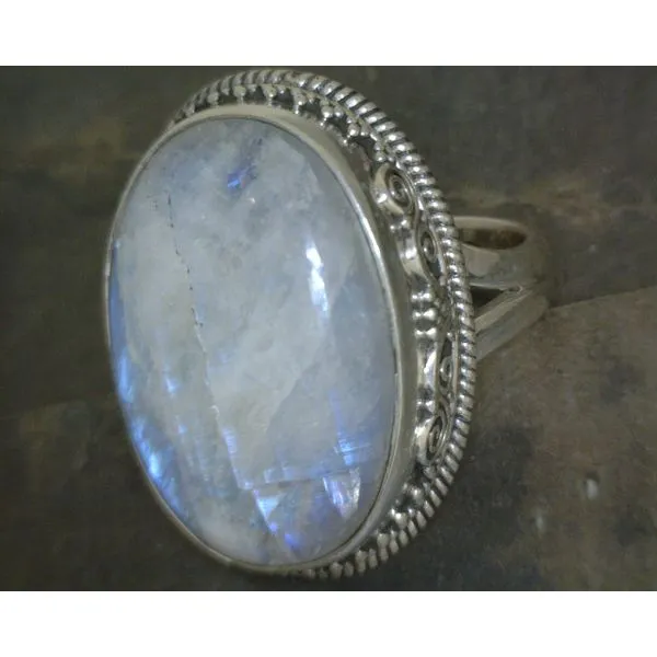 SS Cab Oval Moonstone W/ Scrollwork Bezel Ring Vulcan's Forge LLC KANSAS CITY, MO