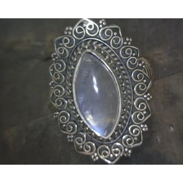 SS BZ  Marquis Moonstone W/ Scrollwork Halo RIng Vulcan's Forge LLC KANSAS CITY, MO