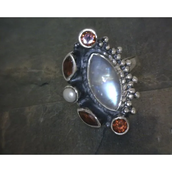 SS BZ Marquis Moonstone Garnet Pearl & Bead Detail Ring Vulcan's Forge LLC KANSAS CITY, MO