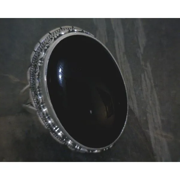 SS BZ Cab Oval Onyx W Ornate Bezel Ring Vulcan's Forge LLC KANSAS CITY, MO