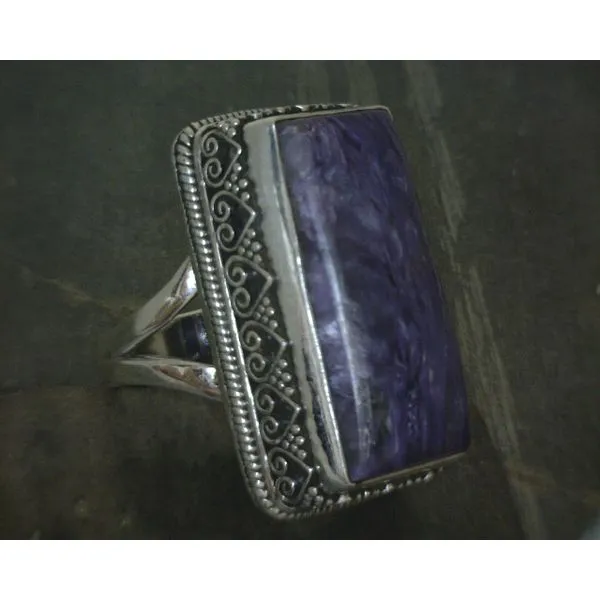 SS Bz Rectangle Charoite W Scrollwork Bezel Ring Vulcan's Forge LLC KANSAS CITY, MO